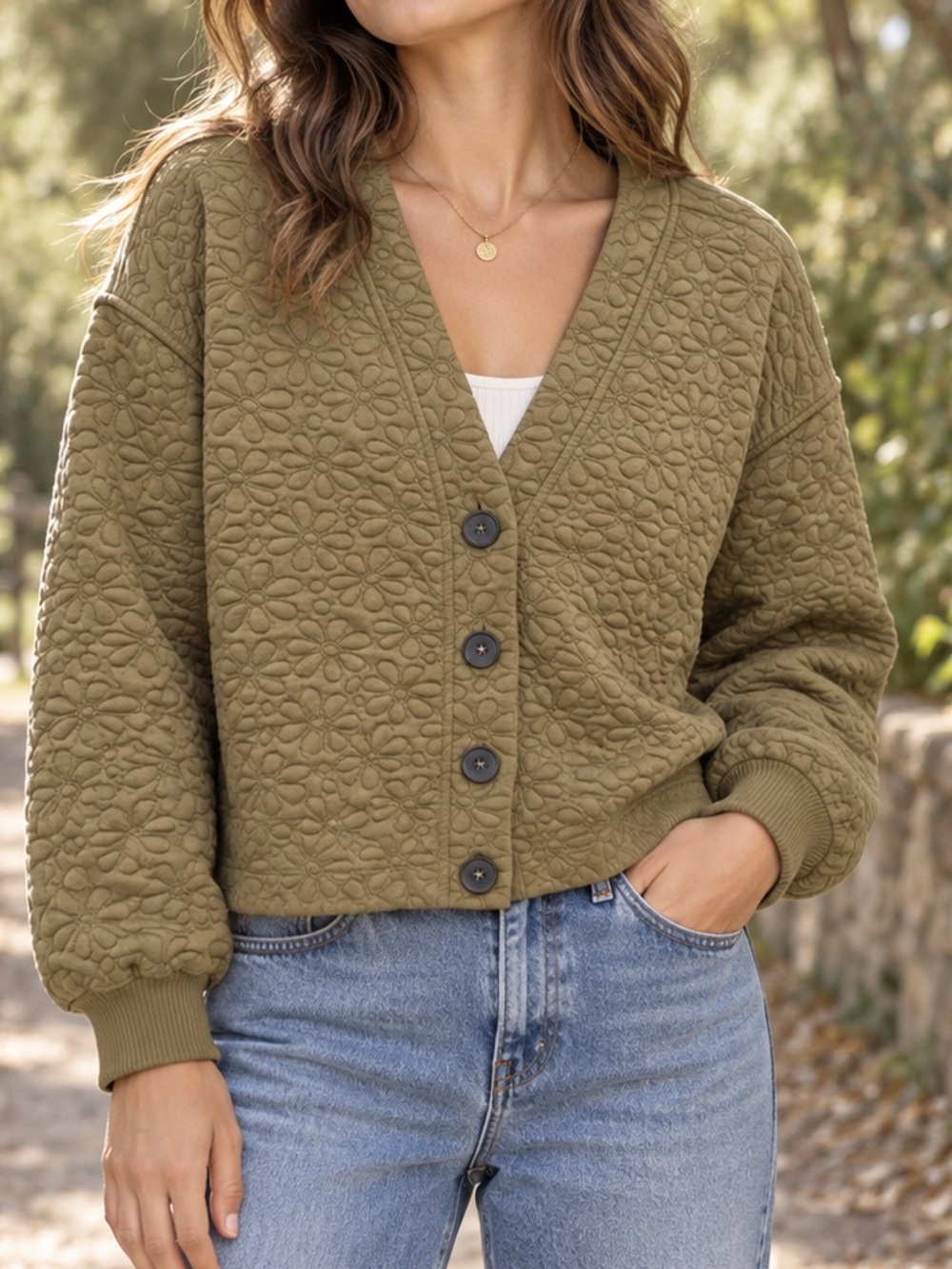 Madewell Flower Puff Jacquard Crop Cardigan Distant Surplus Green Medium Shacket